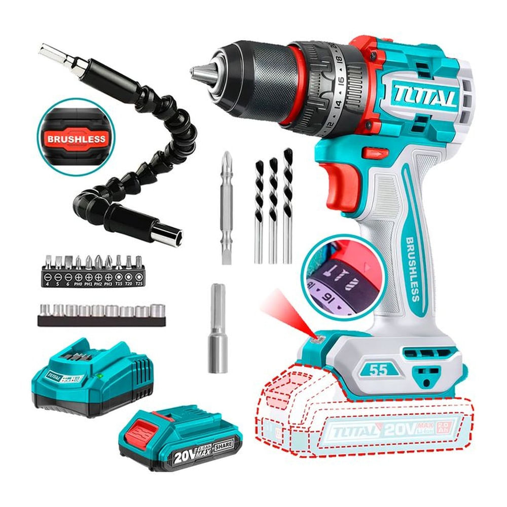 Taladro Percutor Brushless 1 Batería + 1 cargador + 21 Accesorios - Total