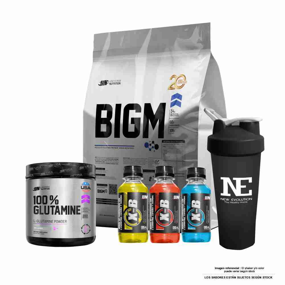 COMBO UNIVERSE NUTRITION - BIGM 3 KG. COOKIE + 100% GLUTAMINE 500 GR. + SHAKER