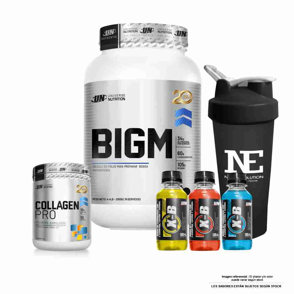 COMBO UNIVERSE NUTRITION - BIGM 2 KG. VAINILLA + COLLAGEN PRO 500 GR. SANDIA + SHAKER