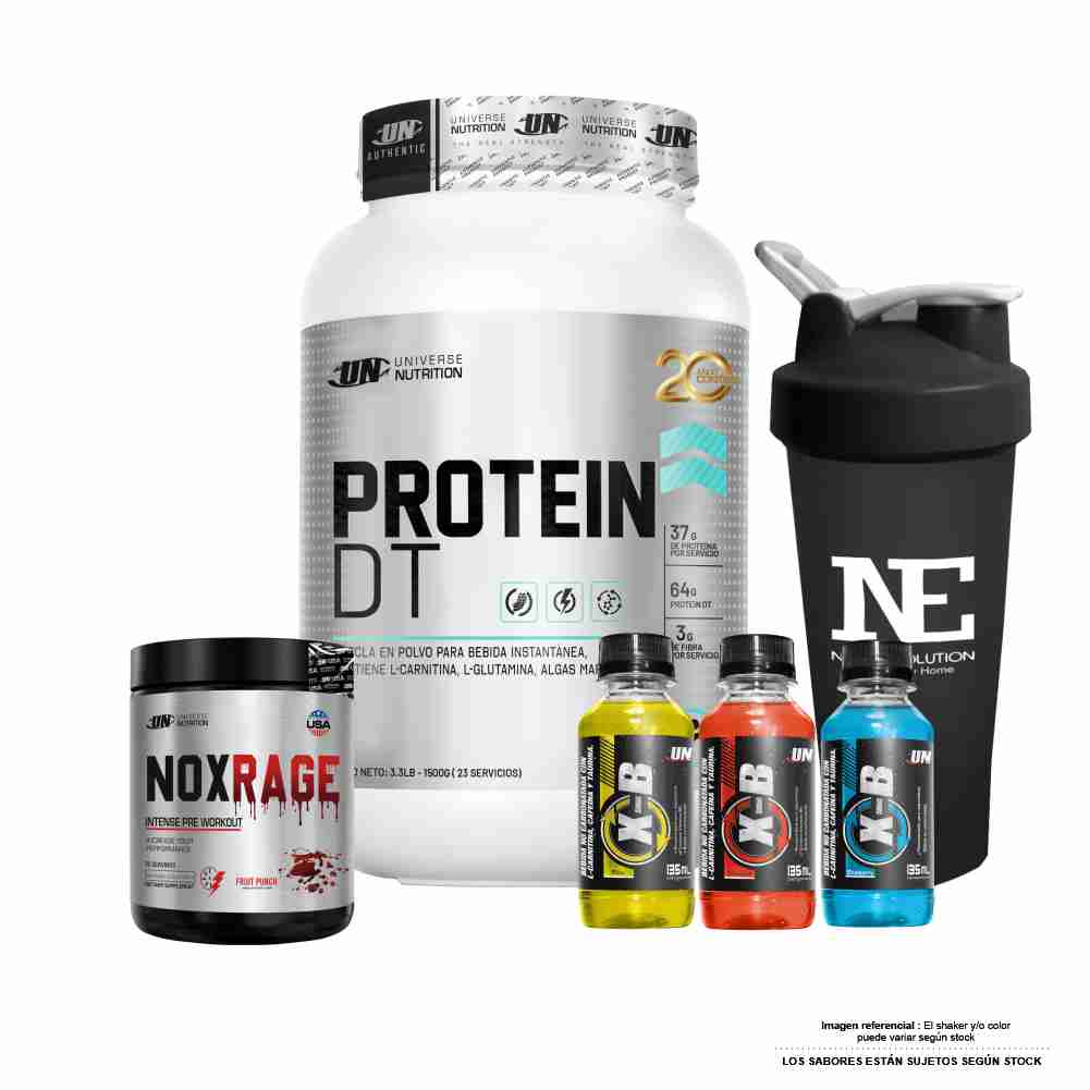 COMBO UNIVERSE NUTRITION - PROTEIN DT 1.500 KG. CHOCOLATE + NOX RAGE 350 GR. FRUIT PUNCH + SHAKER