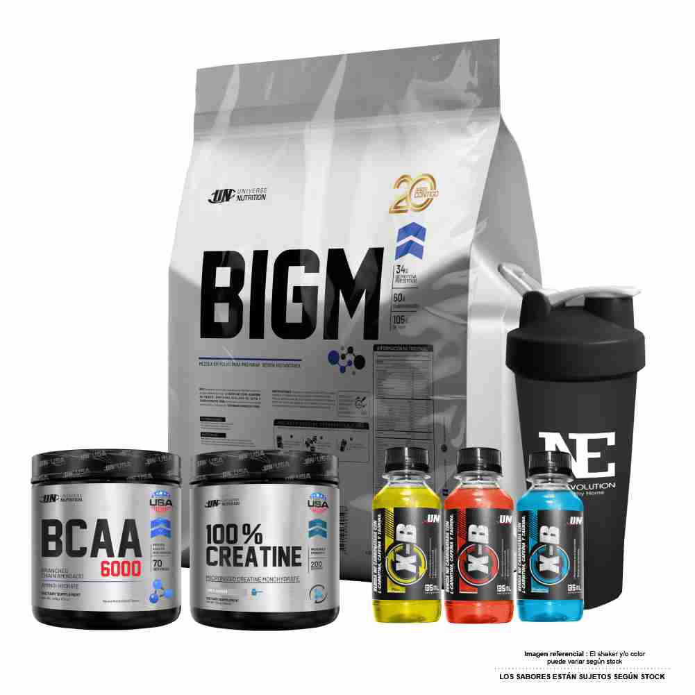 COMBO UNIVERSE - BIGM 3 KG. VAINILLA + 100% CREATINE 500GR. + BCAA 6000 490GR. CITRUS PUNCH + SHAKER