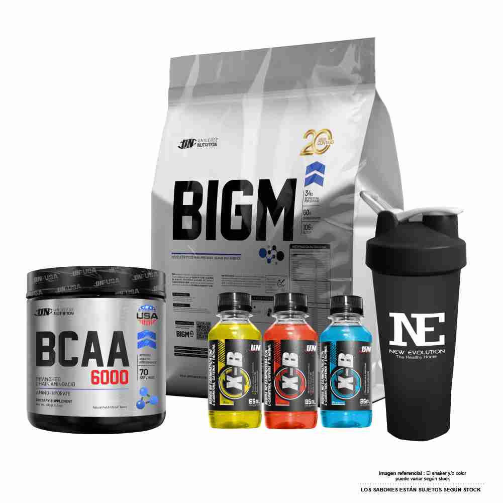COMBO UNIVERSE NUTRITION - BIGM 3 KG. COOKIE +  BCAA 6000 490 GR. FRUIT PUNCH + SHAKER