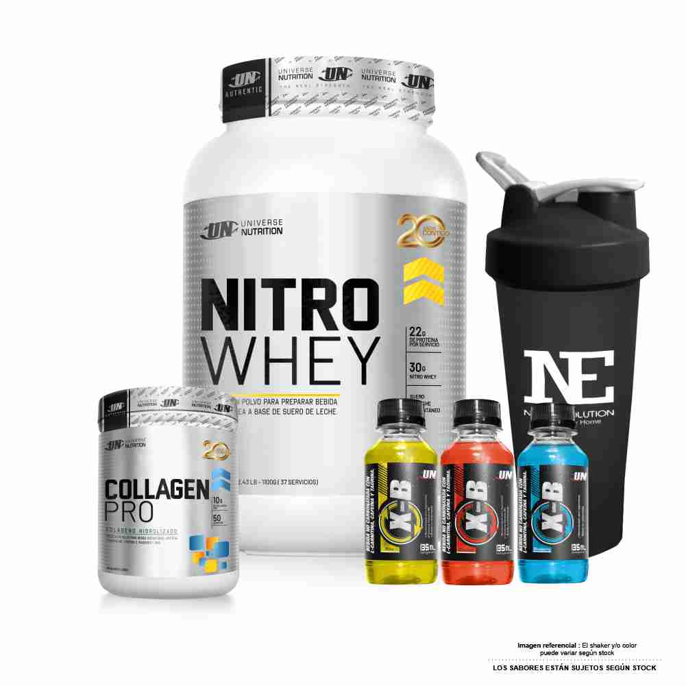 COMBO UNIVERSE NUTRITION - NITRO WHEY 1.100 KG. COOKIE + COLLAGEN PRO 500 GR. FRUIT PUNCH + SHAKER