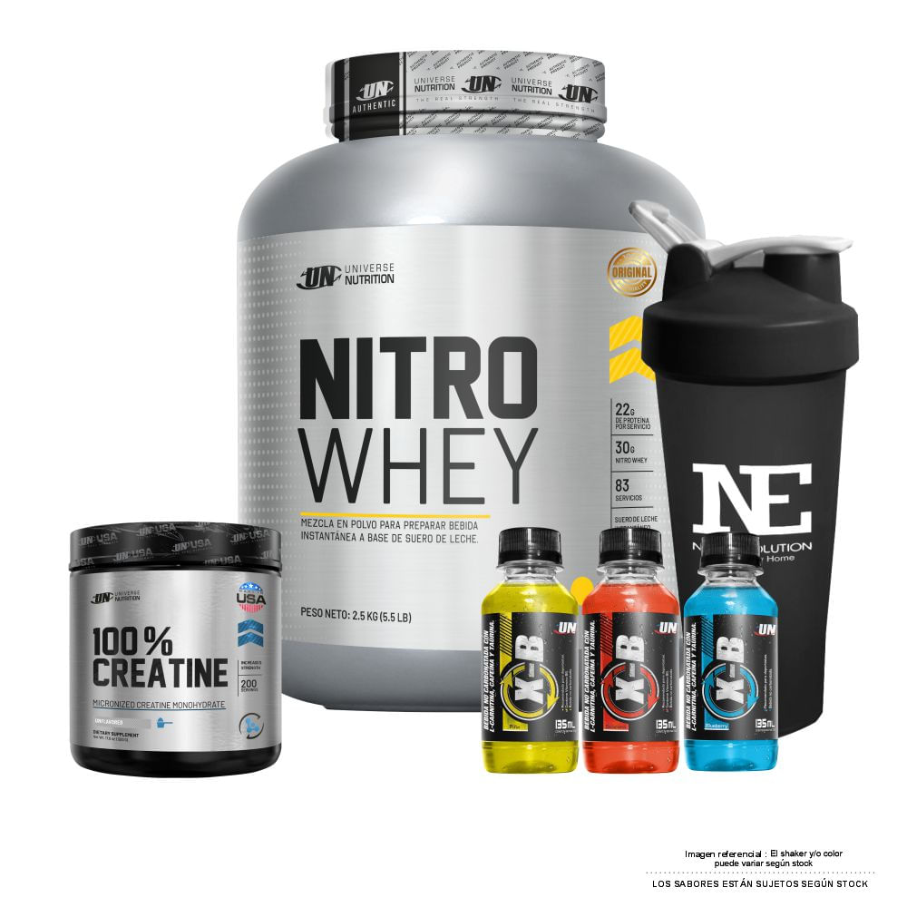 COMBO UNIVERSE NUTRITION - NITRO WHEY 2.5 KG. COOKIE + 100% CREATINE 500 GR. + SHAKER