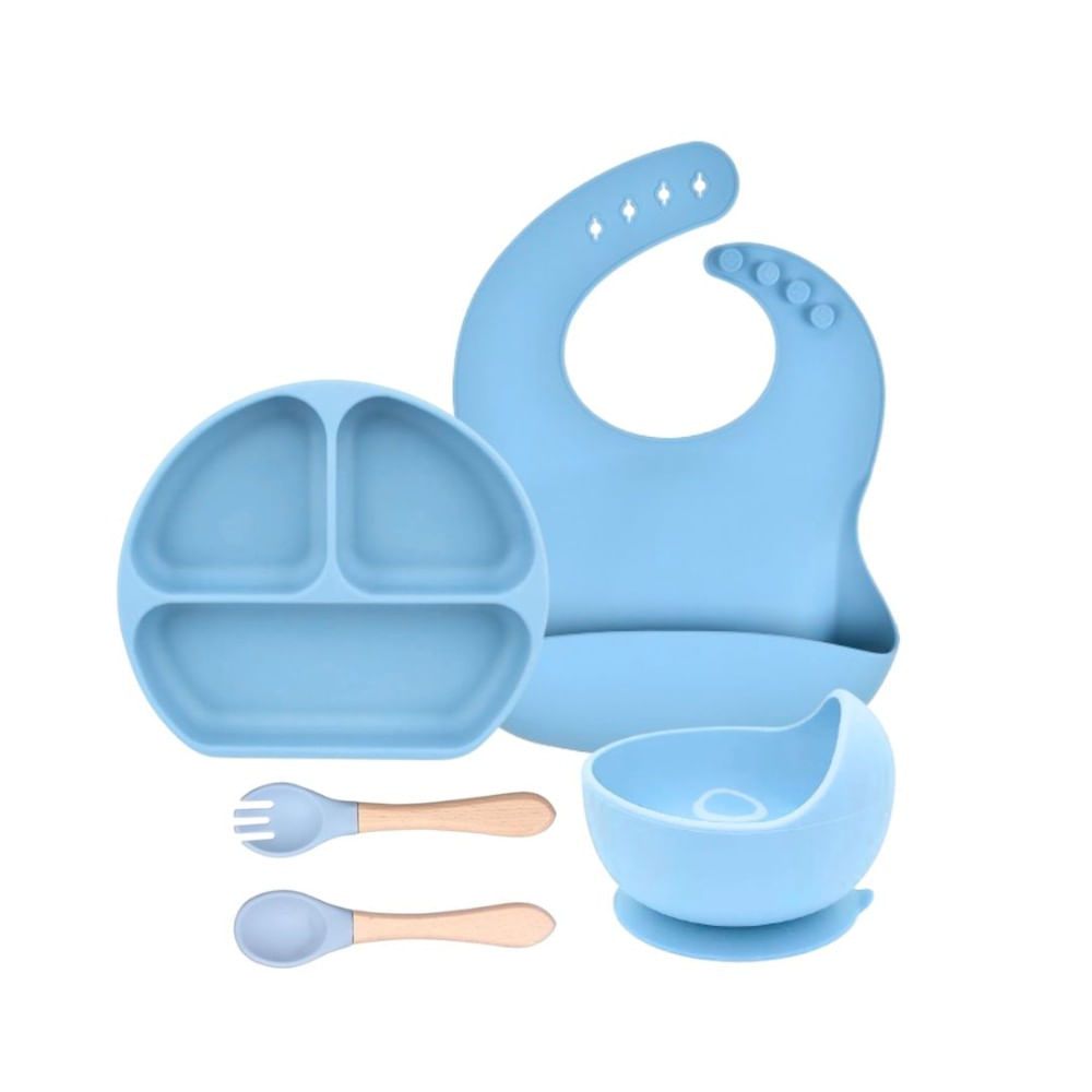 Kit de Alimentacion 5 Piezas Celeste de Silicona para Bebe