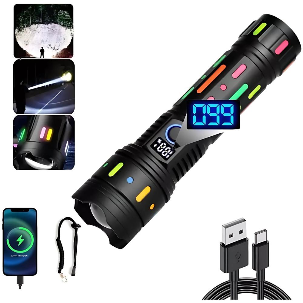 Linterna Táctica 60W 6000 Lúmenes Alcance 3000 Metros Recargable USB C con Zoom