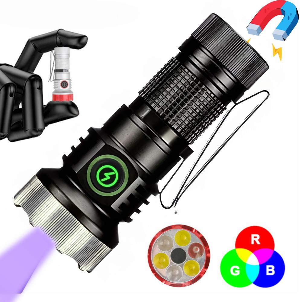 Linterna de Bolsillo 3 en 1 LED Blanca RGB UV con Clip e Imán