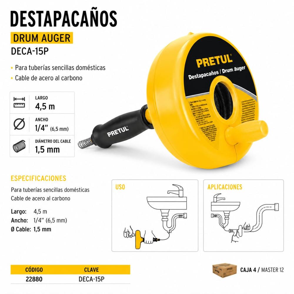 Desatorador De Tuberías y Drenajes PRETUL DE 4.5 metros