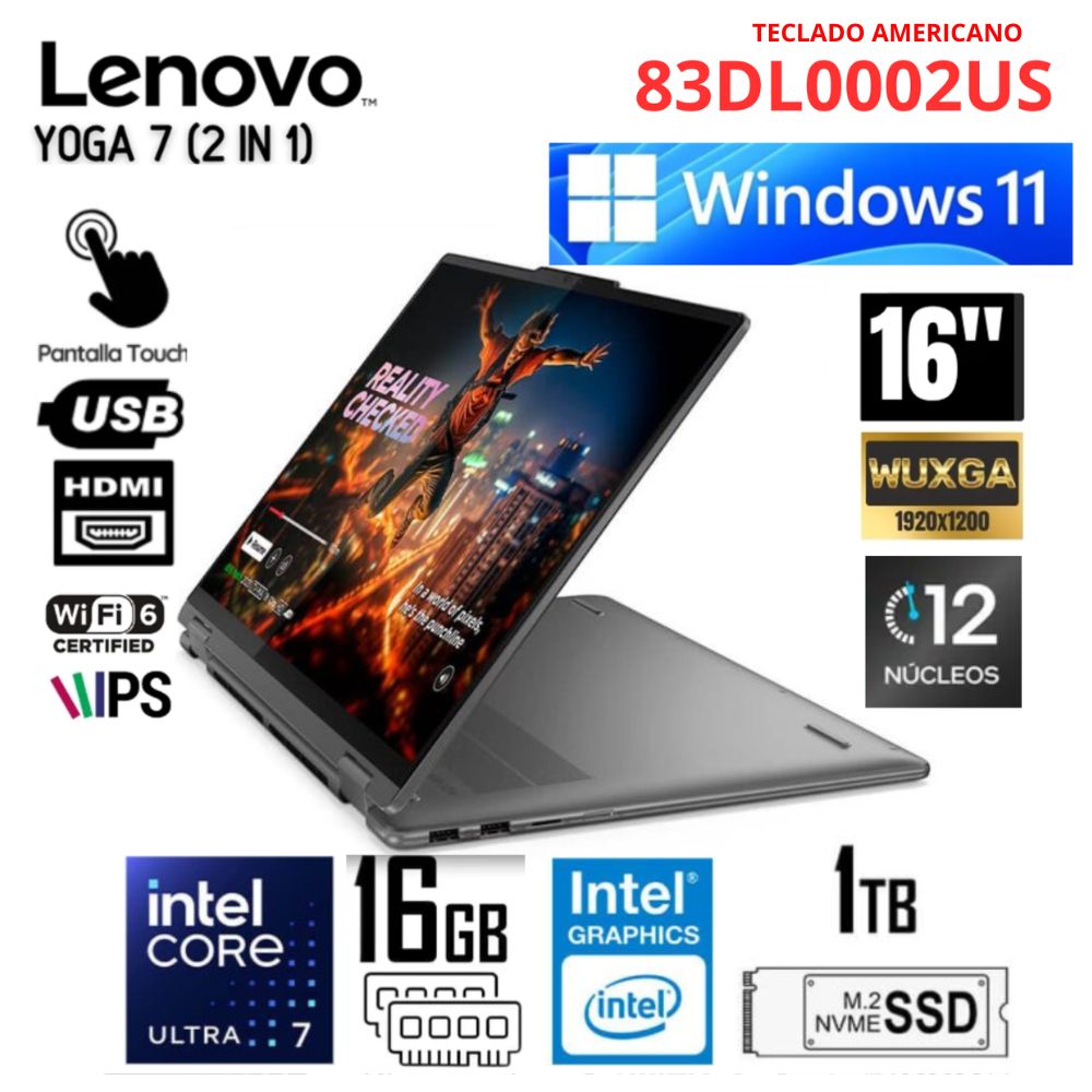 Laptop Lenovo Yoga 7 2 en 1 Intel Core Ultra 7 155U 16 GB DDR5 RAM 1TB SSD 16pulg WUXGA TouchScreen
