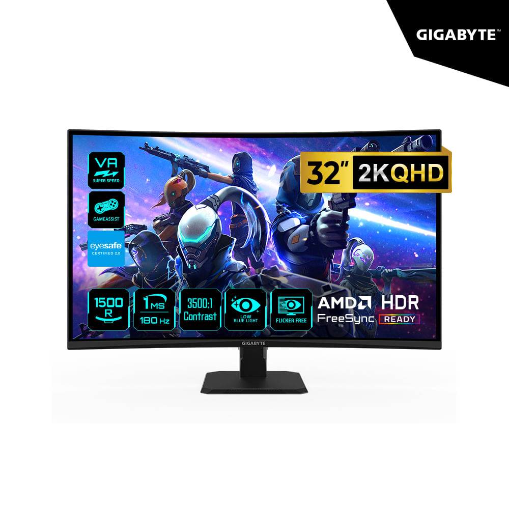 MONITOR GAMING GIGABYTE 32 GB GS32QCA VA Curvo 2K QHD 2560 x 1440 180Hz 1Ms HDMI DP FreeSync NEGRO