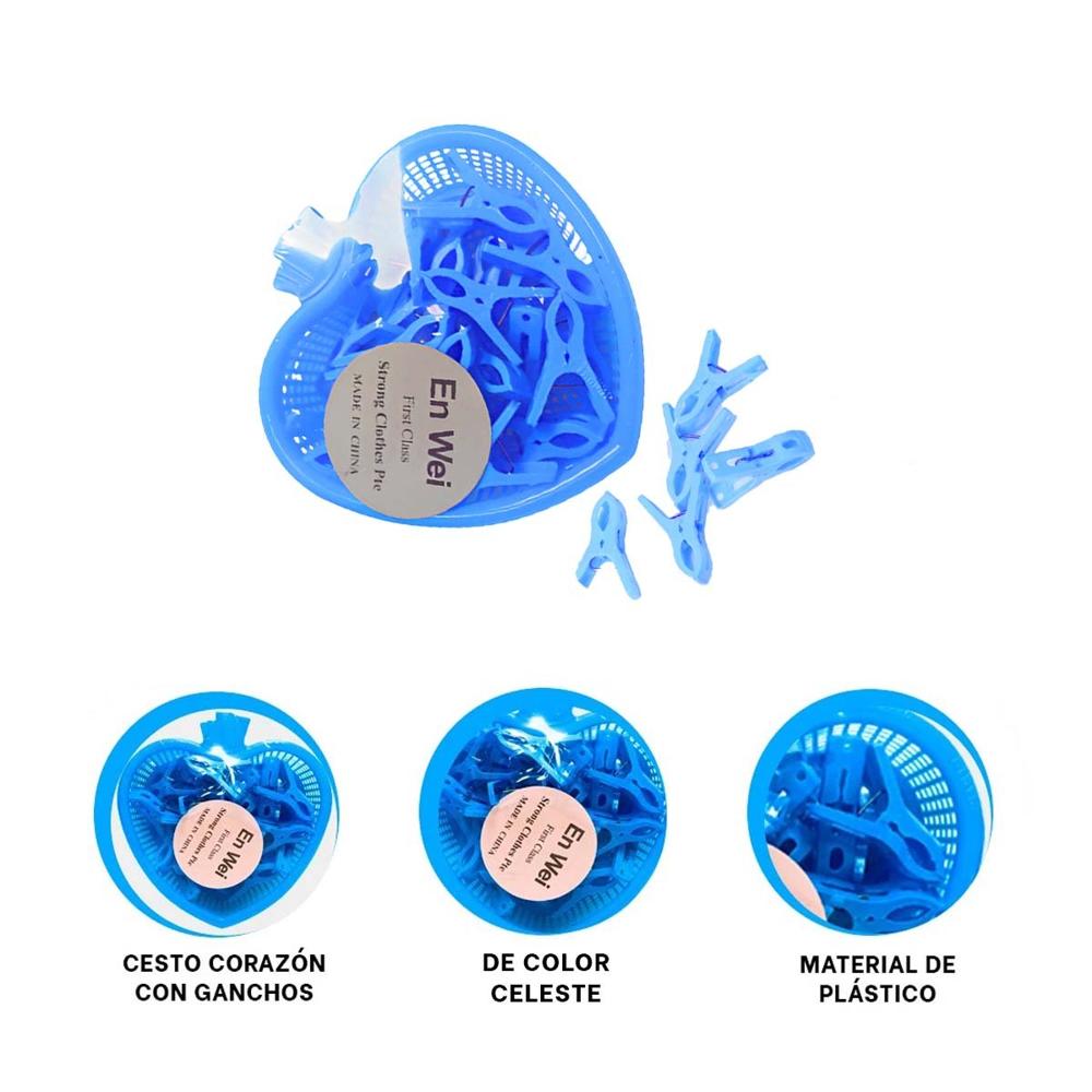 Canasta Innovadora Celeste Corazon con 24 Ganchos para Lavanderia Y+Ligas Regalo