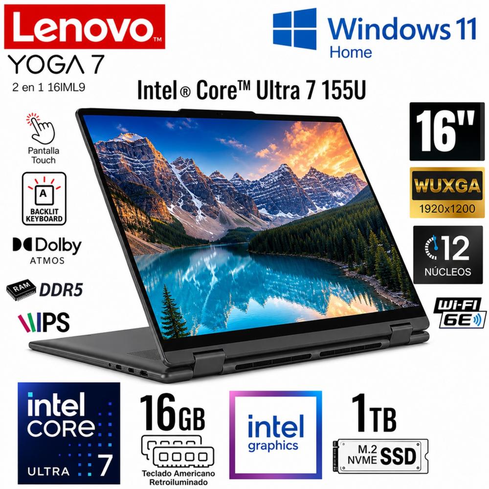 Laptop Lenovo Yoga 7 2 en 1 Intel Core Ultra 7 155U 16 GB DDR5 RAM 1TB SSD 16 pulg
