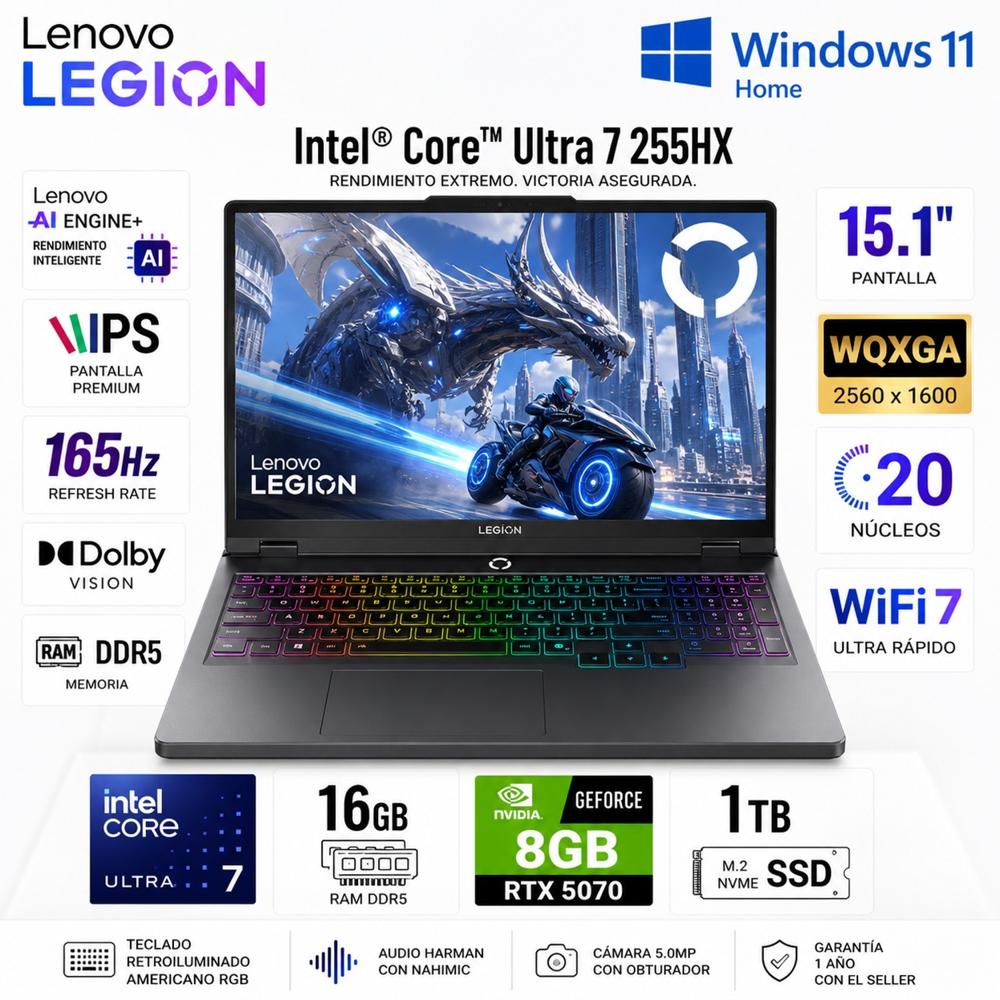 Laptop Lenovo LEGION 5 15IAX10 Intel Core Ultra 7 255HX 16GB RAM 1TB  RTX 5070 15.1 pul 83F00006US