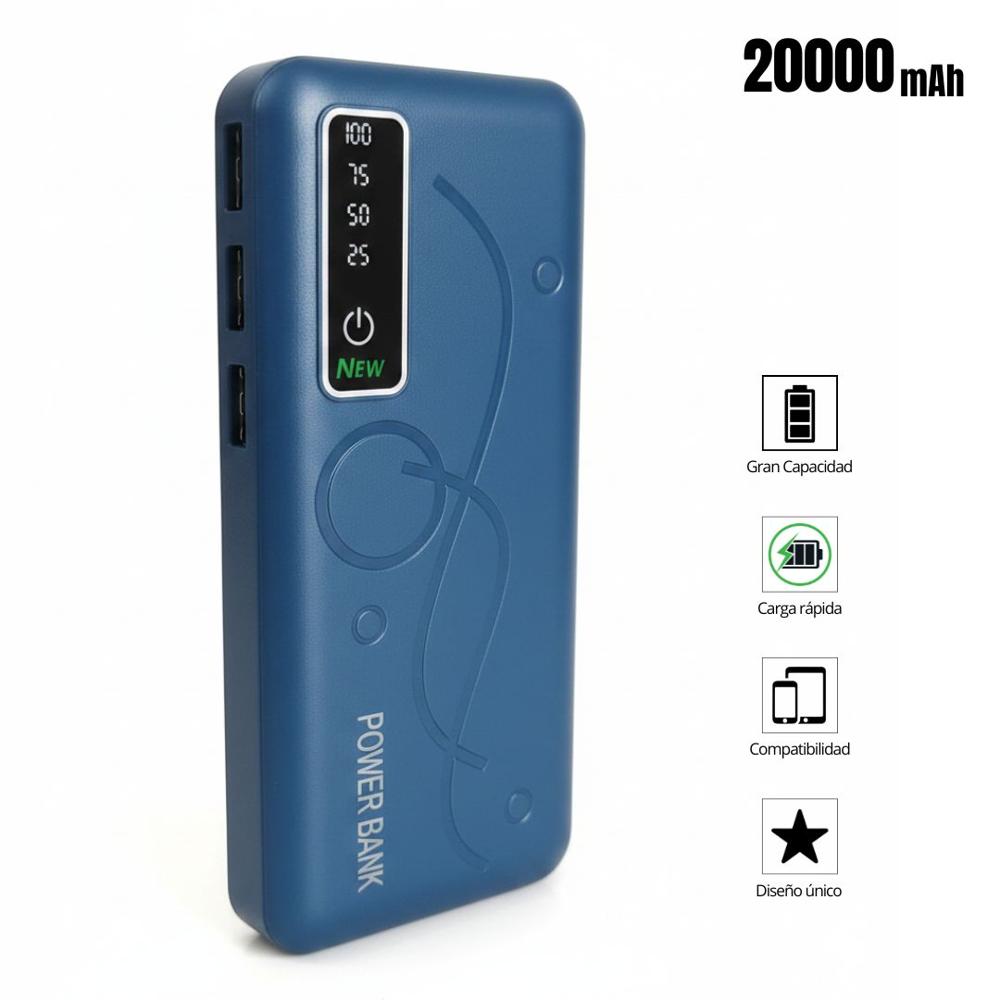Cargador Power bank PL-47 Carga Rápida 20000mAh 3 Salidas USB Linterna Led Azul