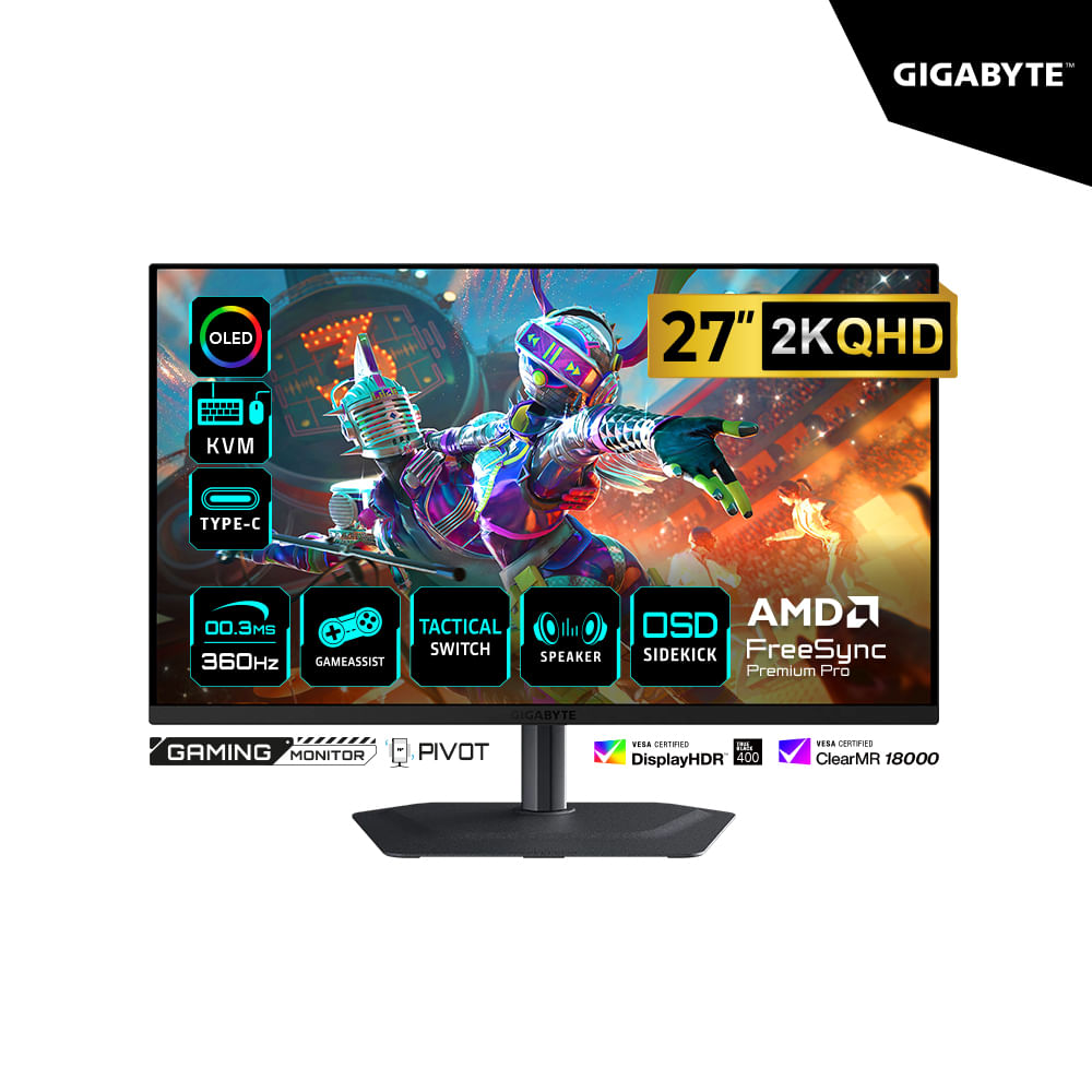 MONITOR GAMING GIGABYTE 27' MO27Q3 2K QHD 2560 x 1440 QD-OLED 360HZ 0.03MS HDMI PIVOT