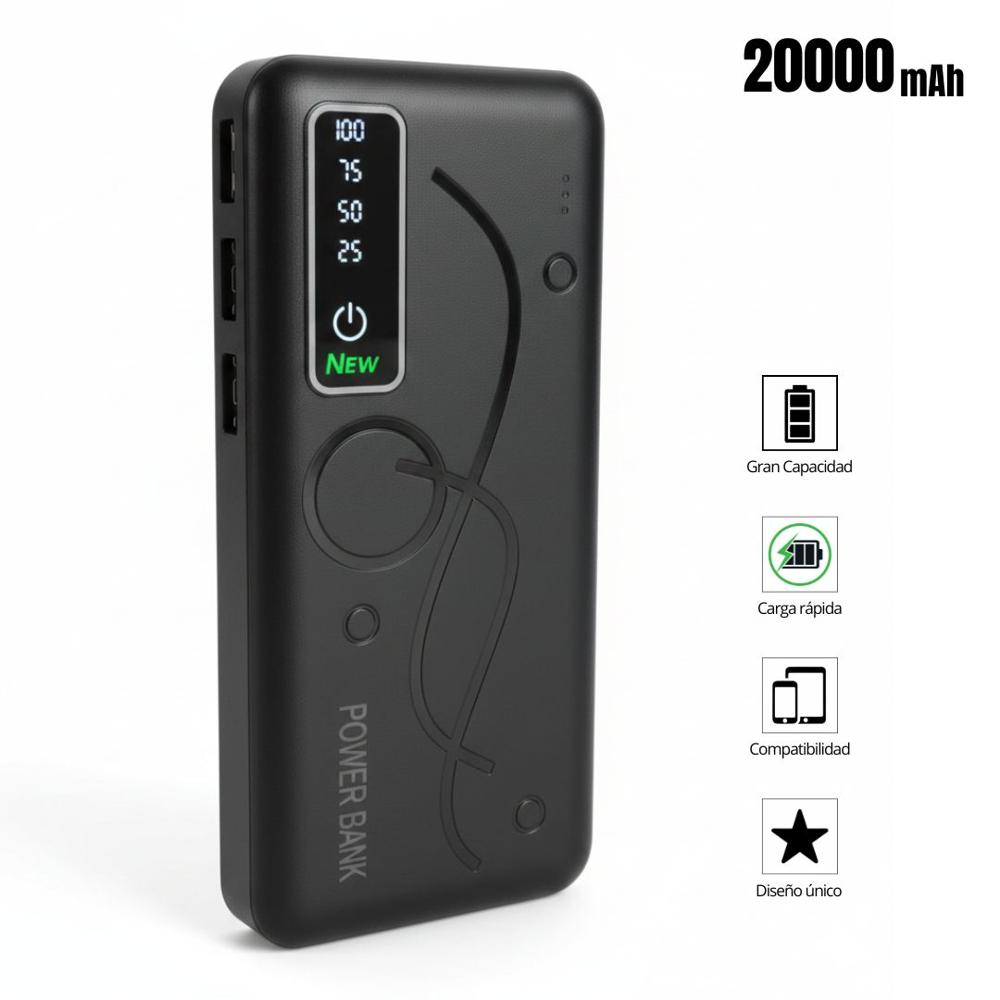 Cargador Power bank PL-47 Carga Rápida 20000mAh 3 Salidas USB Linterna Led Negro