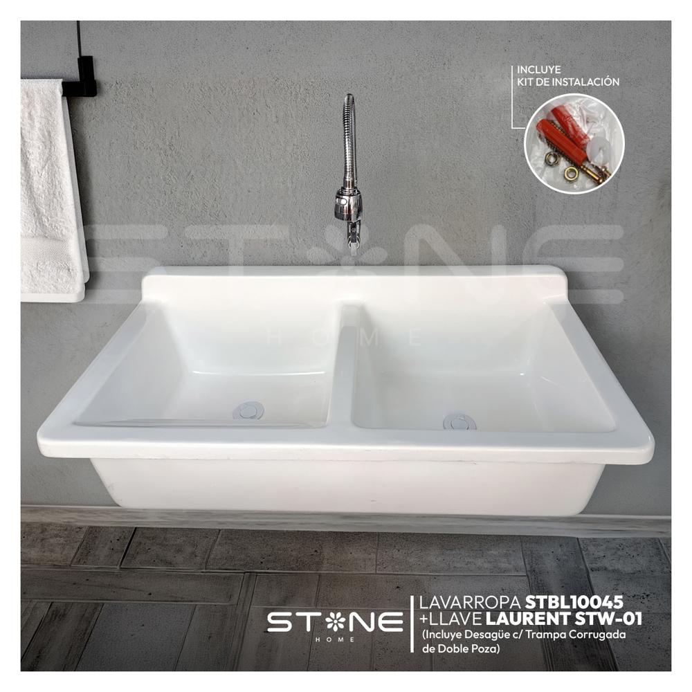Combo Lavarropas Fibra Vidrio STBL10045 +Laurent Stw01 Stone +Desagüe C/Trampa Corrugada Doble