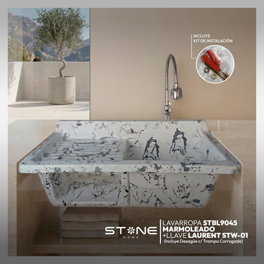 COMBO LAVARROPA STBL9045 MARMOLEADO + LLAVE LAURENT STW-01 STONE + DESAGÜE C/TRAMPA CORRUGADA