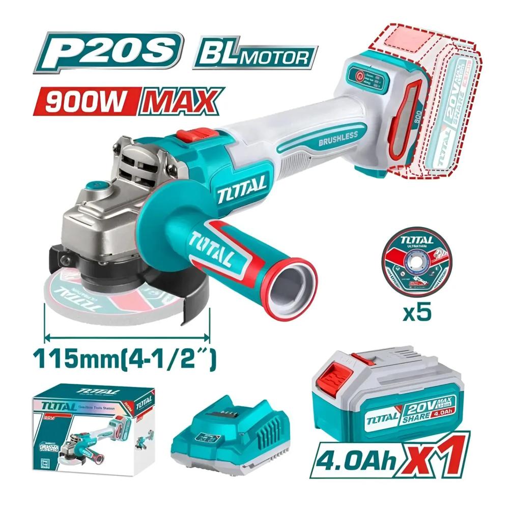 AMOLADORA INALÁMBRICA 20V BRUSHLESS 115MM CON 2 BATERÍAS TOTAL (TAGLI261522)
