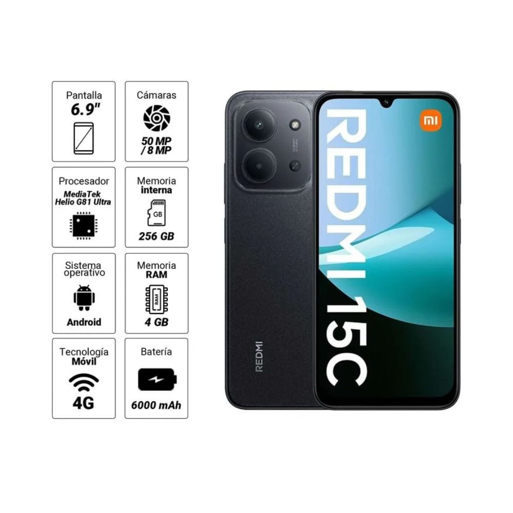 Celular Xiaomi Redmi 15C 4GB 256GB Negro Medianoche - Cámara 50MP