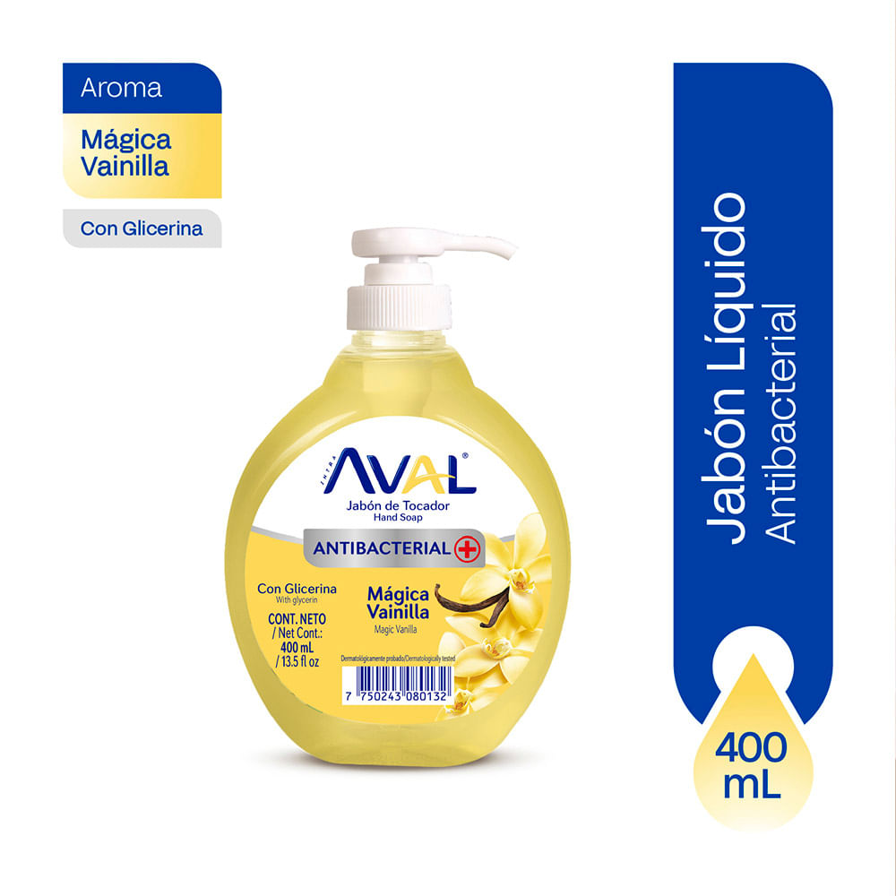 Jabón Líquido Antibacterial AVAL Mágica Vainilla Frasco 400ml
