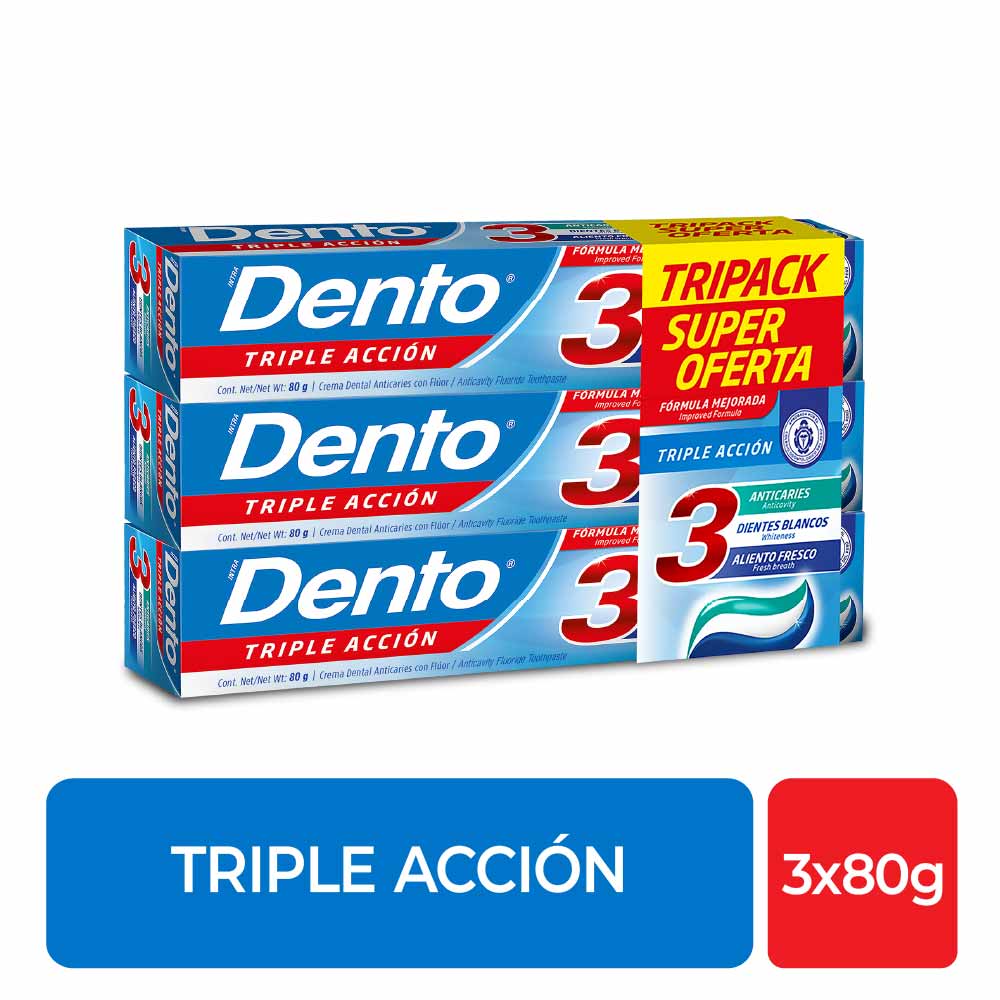 Pasta Dental DENTO Triple Acción Tripack Tubo 80g