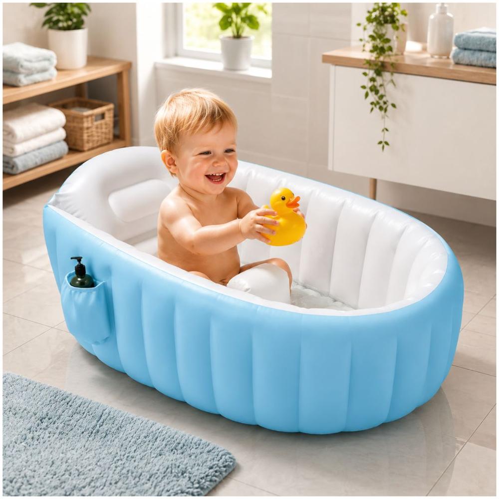 Bañera Inflable para Bebé 12001 con Soporte Acolchada Portátil Fácil de Guardar - Celeste