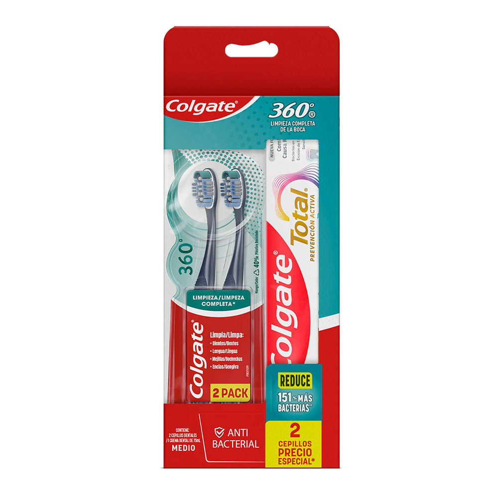 Pack COLGATE: Crema Dental Prevención Activa Total Tubo 75ml + Cepillo Dental 360 Limpieza Completa