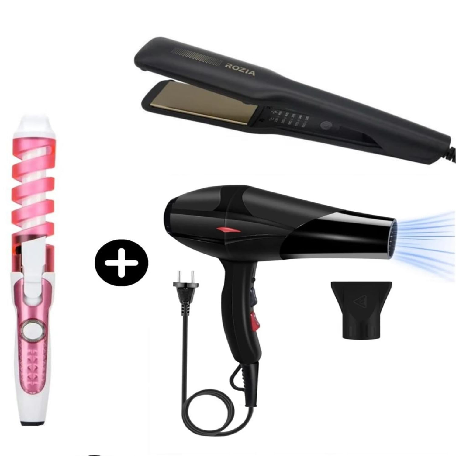 Trio Pack Secadora Rizadora Cabello Plancha Placa Cerámica Rozia