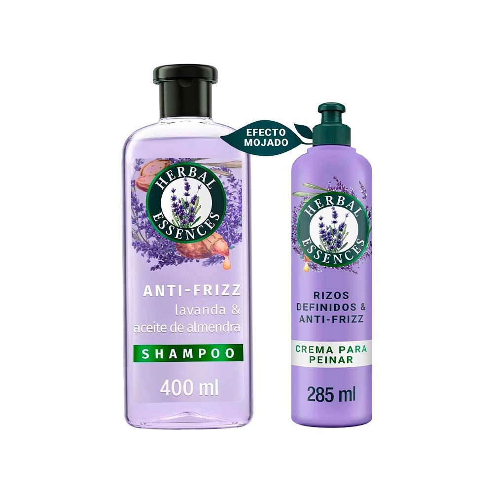 Pack HERBAL ESSENCES: Shampoo Anti-Frizz Frasco 400ml + Crema para Peinar Frasco 285ml