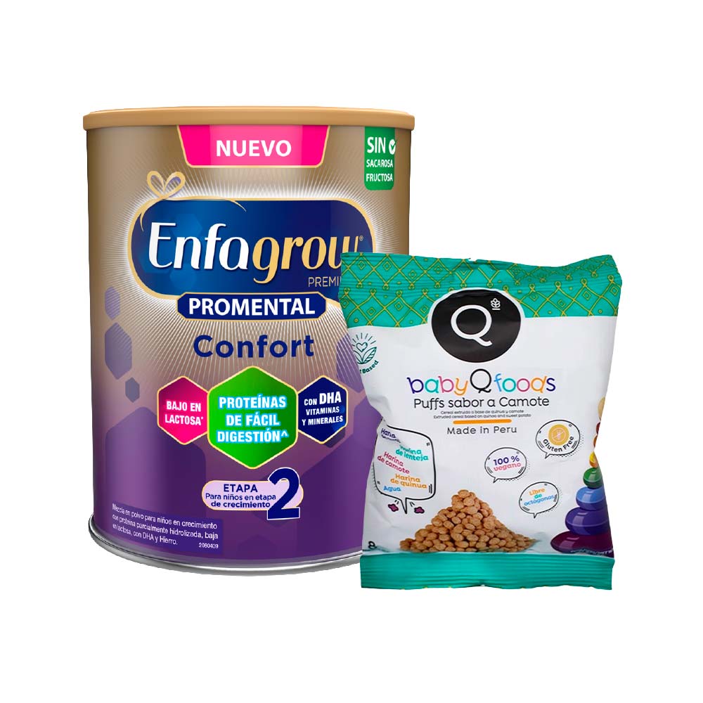 Pack Fórmula Infantil ENFAGROW Premium Promental Confort Lata 800g + Snack para Bebé QFOODS Quinua y Camote Bolsa 25g