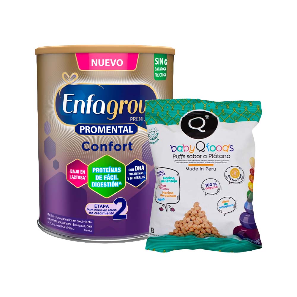 Pack Fórmula Infantil ENFAGROW Premium Promental Confort Lata 800g + Snack para Bebé QFOODS Quinua y Plátano Bolsa 25g