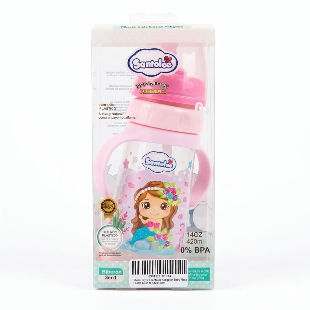 Biberón 3 en 1 Santolee Antigoteo Baby Rosa Pastel Sirenita 420ml