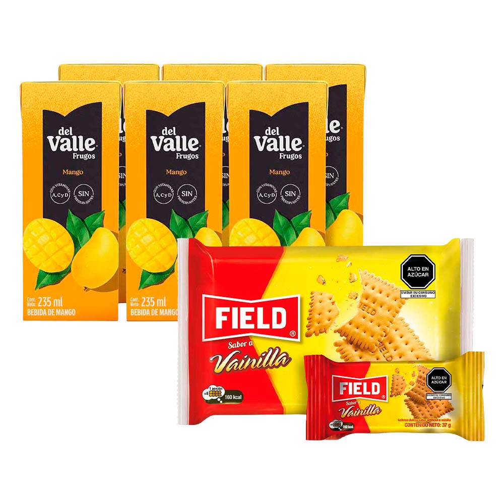 Pack Bebida FRUGOS DEL VALLE Mango Caja 235ml Six Pack + Galletas FIELD Vainilla Paquete 6un