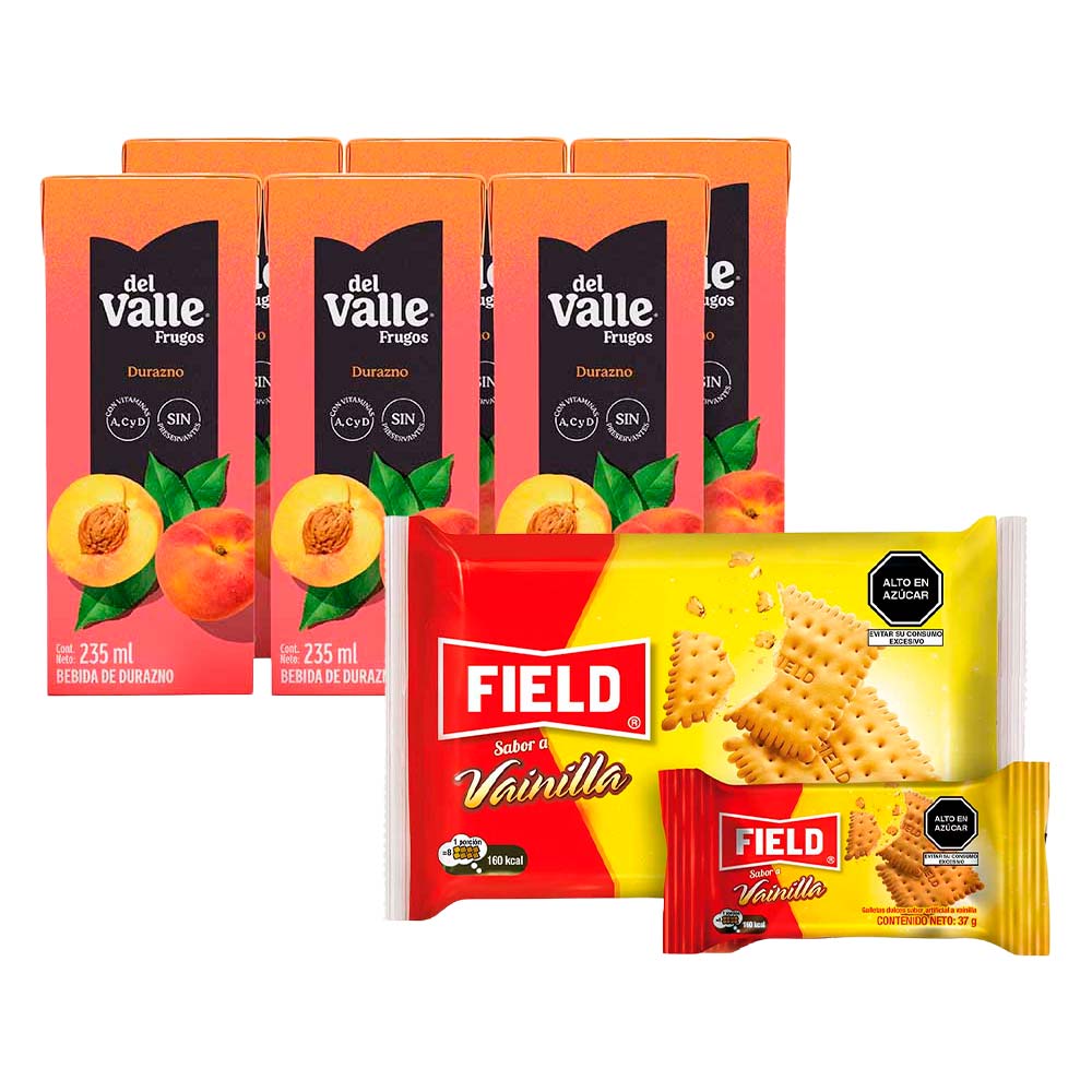 Pack Bebida FRUGOS DEL VALLE Durazno Caja 235ml Six Pack + Galletas FIELD Vainilla Paquete 6un