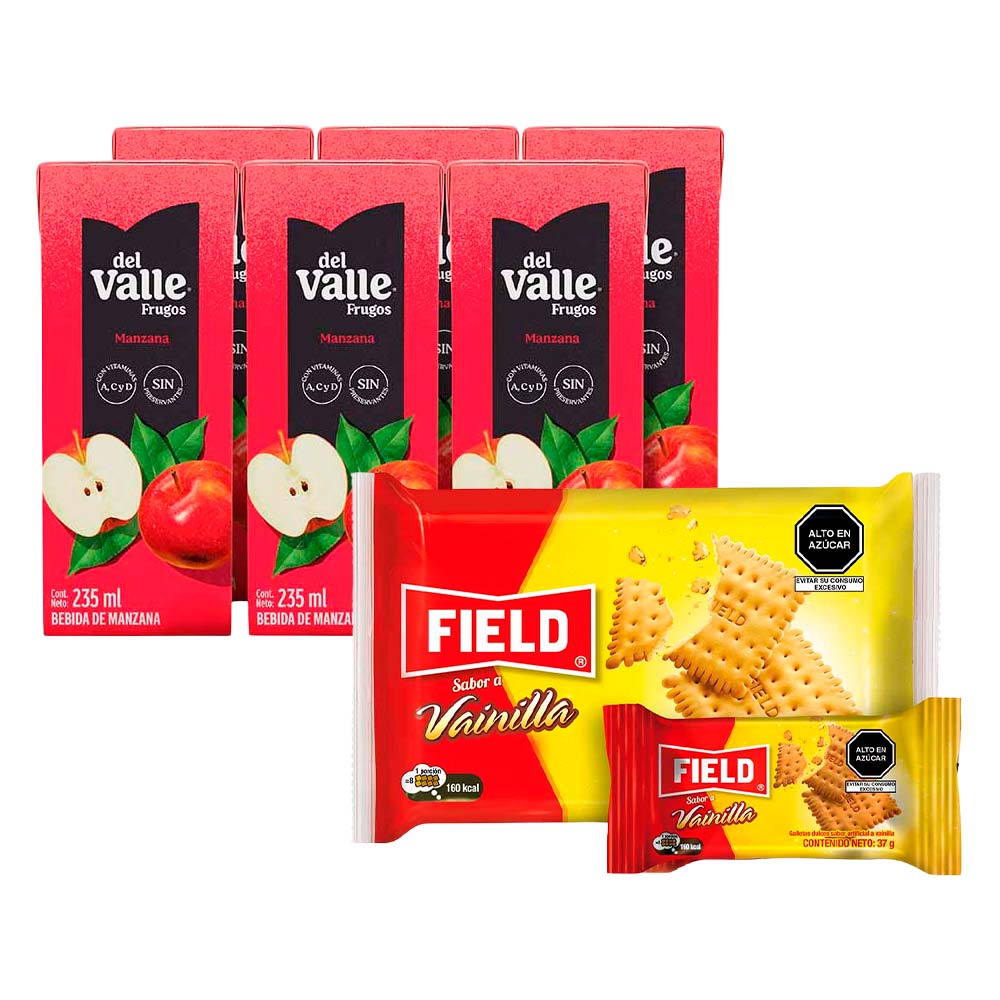 Pack Bebida FRUGOS DEL VALLE Manzana Caja 235ml Six Pack + Galletas FIELD Vainilla Paquete 6un