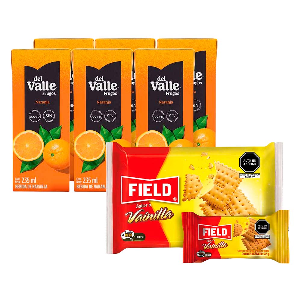 Pack Bebida FRUGOS DEL VALLE Naranja Caja 235ml Six Pack + Galletas FIELD Vainilla Paquete 6un