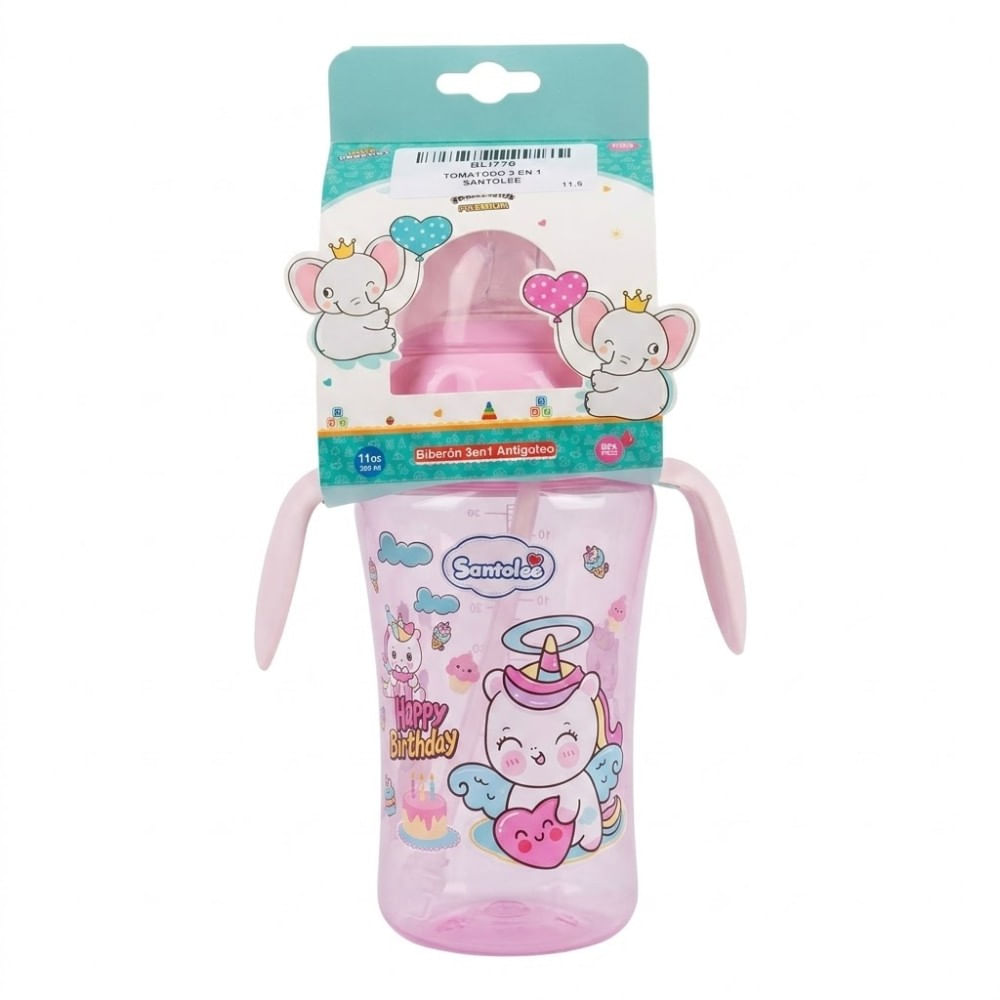 Toma Todo 3 en 1 Santolee Happy Birthday Unicornio Biberon Antiderrames 320 ML Rosado