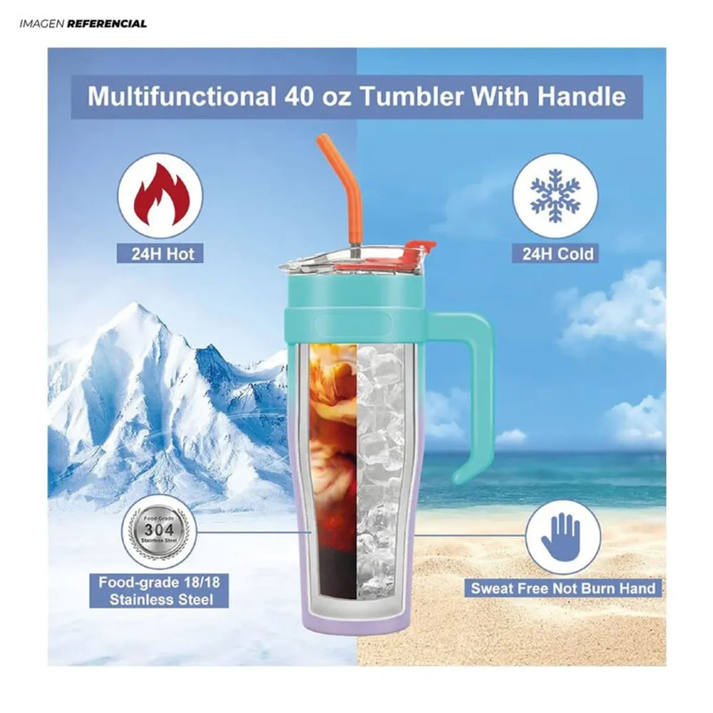 VASO TERMICO DE 1200 CON CAÑITA  DE ALUMINIO Y ASA DE BICOLORES  CON TAPAHERMETICA