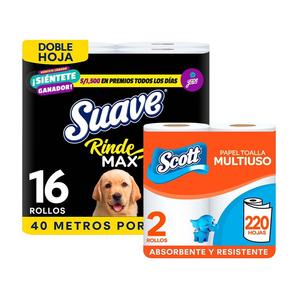 Pack Papel Higiénico SUAVE RindeMax Doble Hoja Paquete 16un + Toalla de Papel Desechable SCOTT Multiusos 110 hojas Paquete 2un