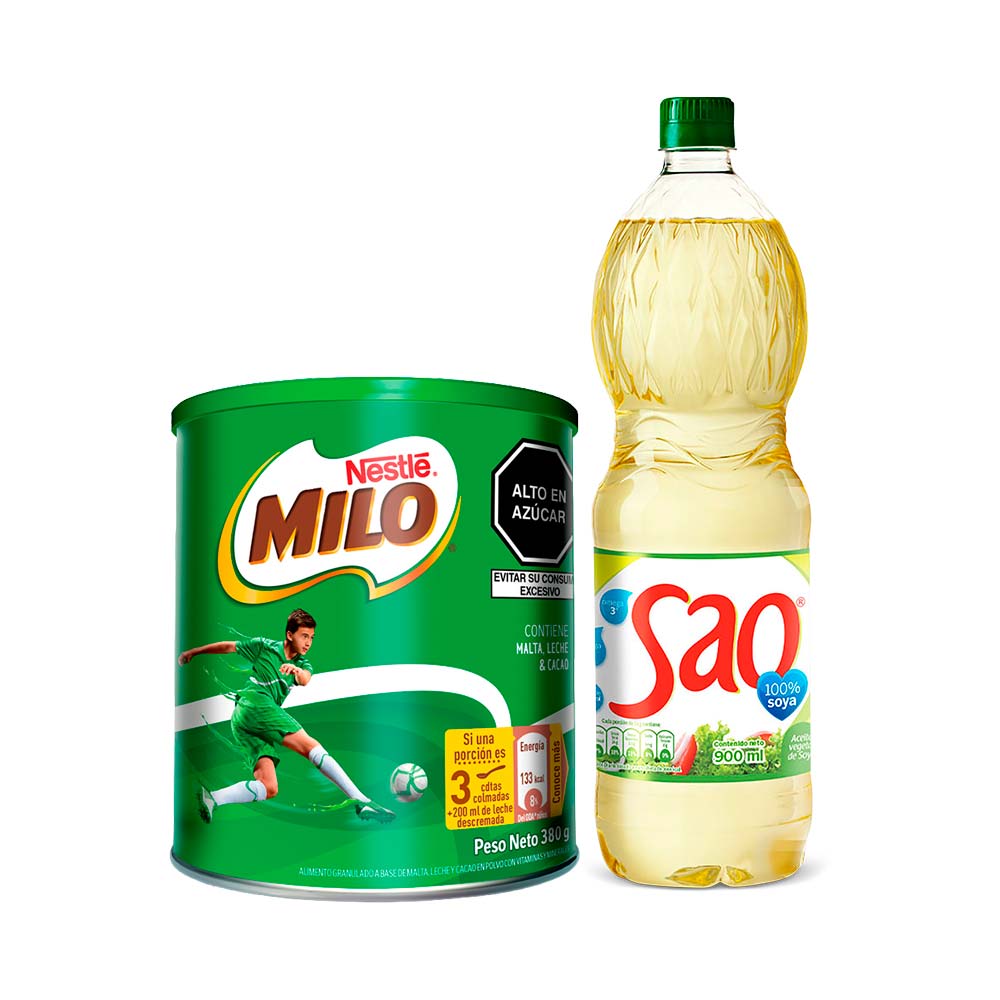 Pack Fortificante Granulado MILO Activ-Go Lata 380g + Aceite de Soya SAO Botella 900ml