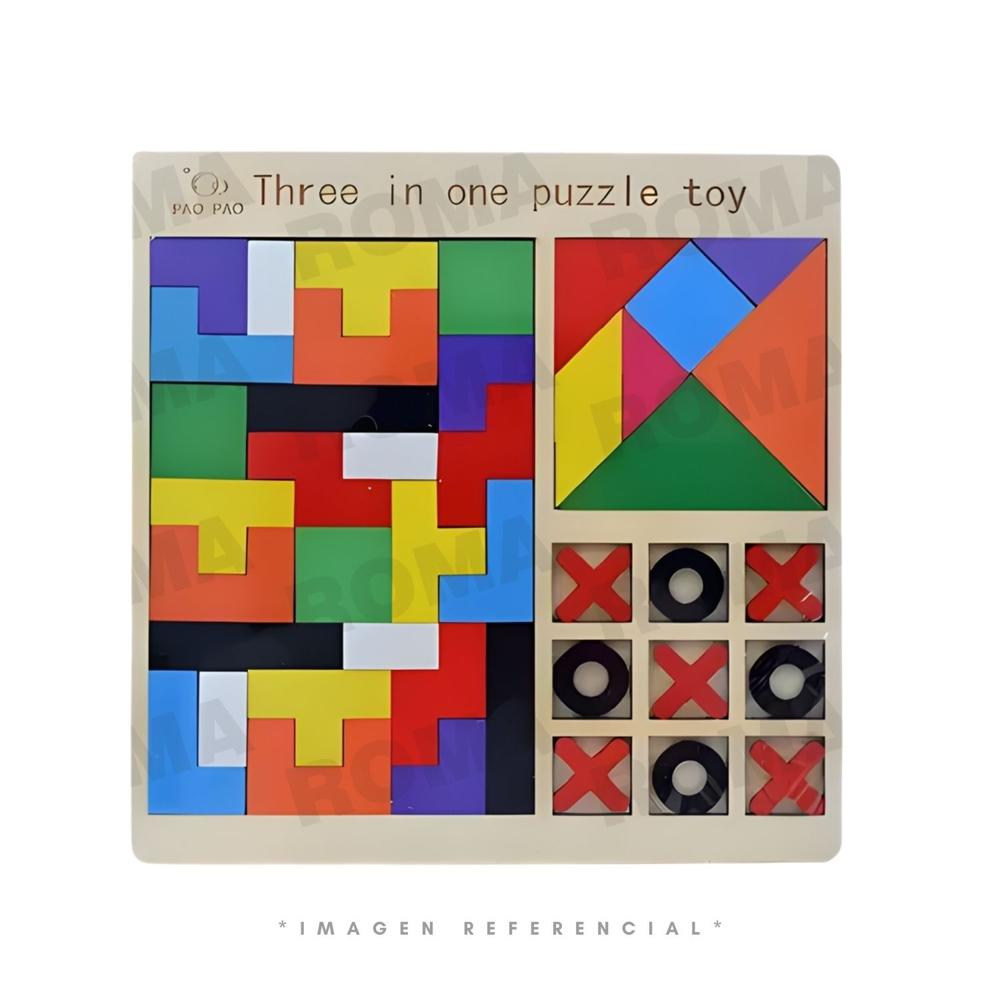 JUEGO 3 EN 1 TRES EN RAYA CON TANGRAM Y TETRIS