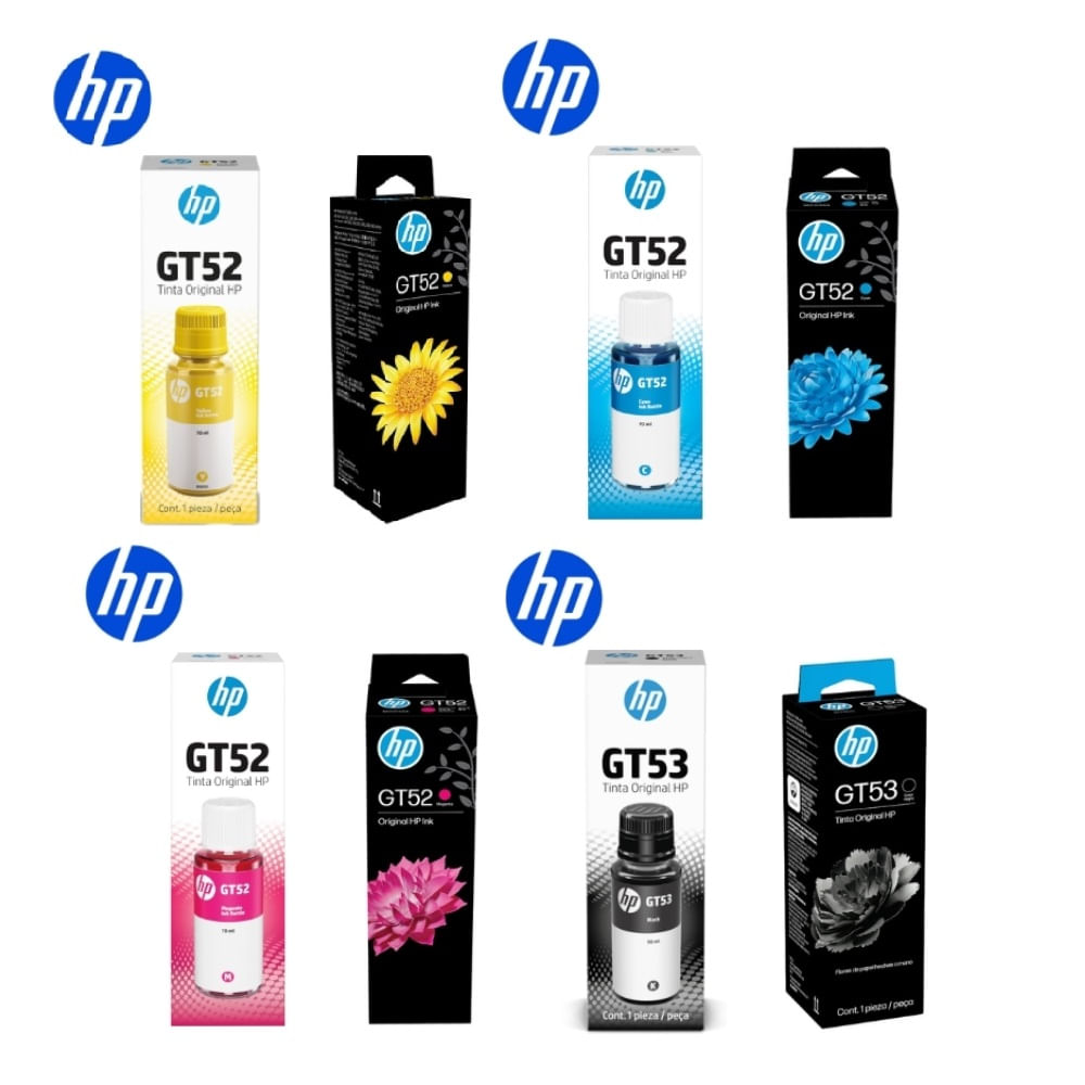Kit de 4 Tintas HP GT53 GT52 Negro y Colores DeskJet GT 5820 Ink Tank 315 415 Original