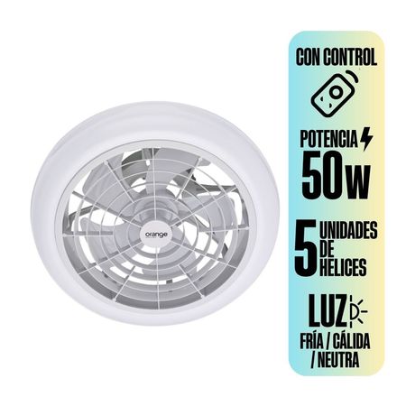 Ventilador de Techo Orange 5 Aspas Plafón Luz Fría/Cálida/Neutra 50W + Control