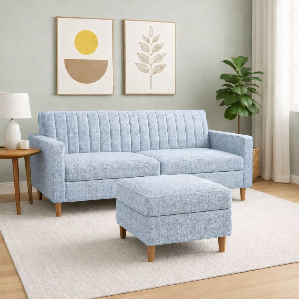 Sofá Dos Cuerpos Imperial Azul Denim Antifluido con Banqueta y Obsequio