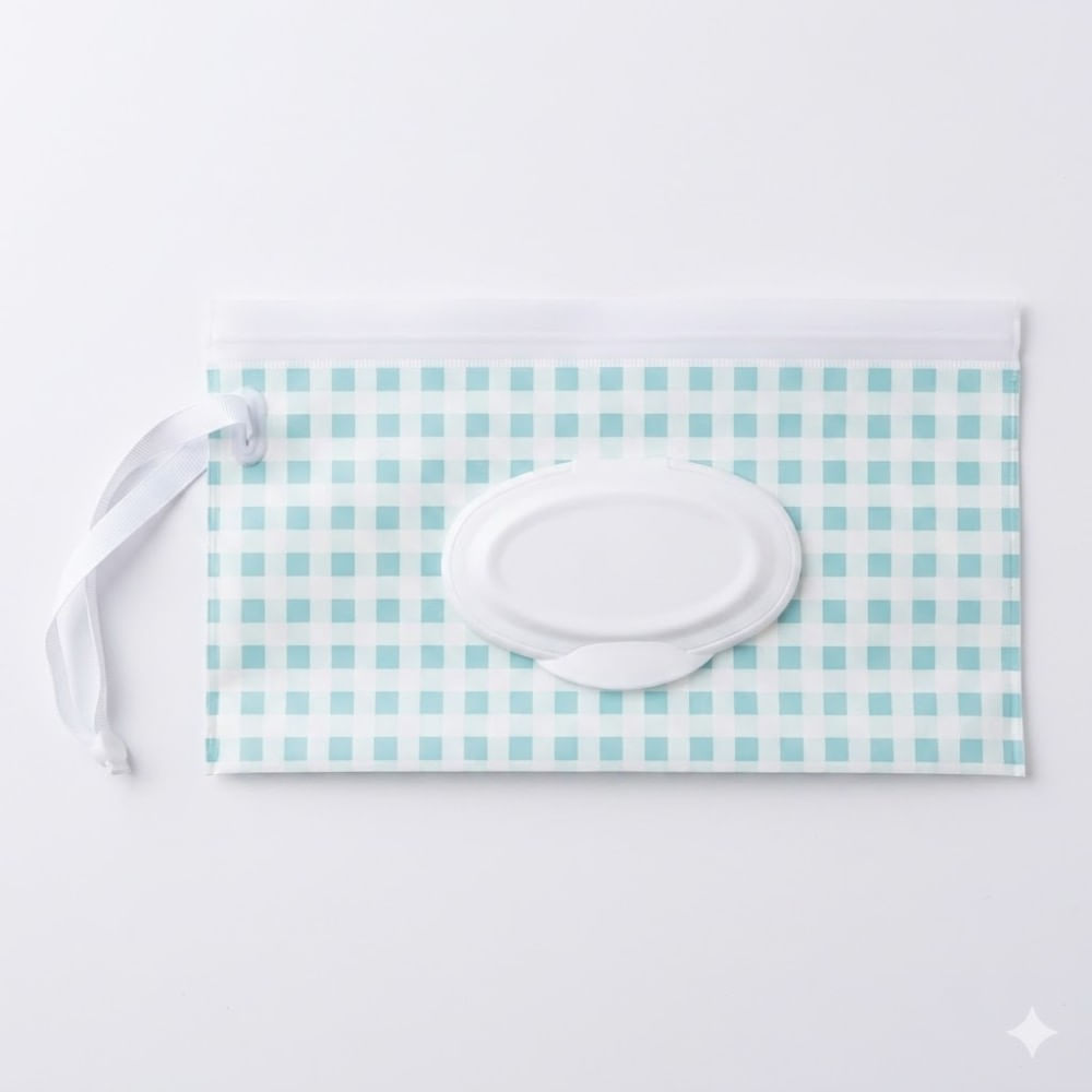 Porta Pañitos Humedos Clásico Diseño de Cuadrados de Vichy Celeste