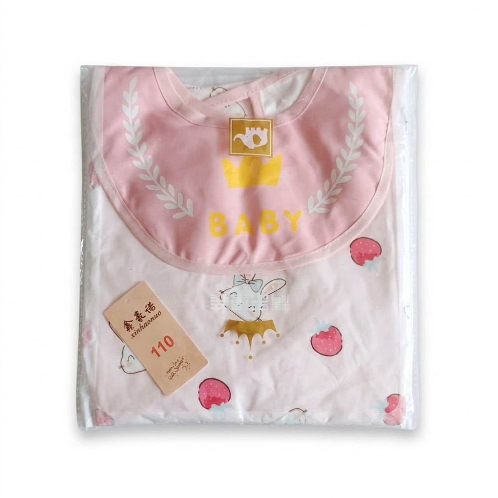 Babero Mandil Impermeable con Mangas Baby Corona Rosado con Crema Conejito y Fresas Talla 110