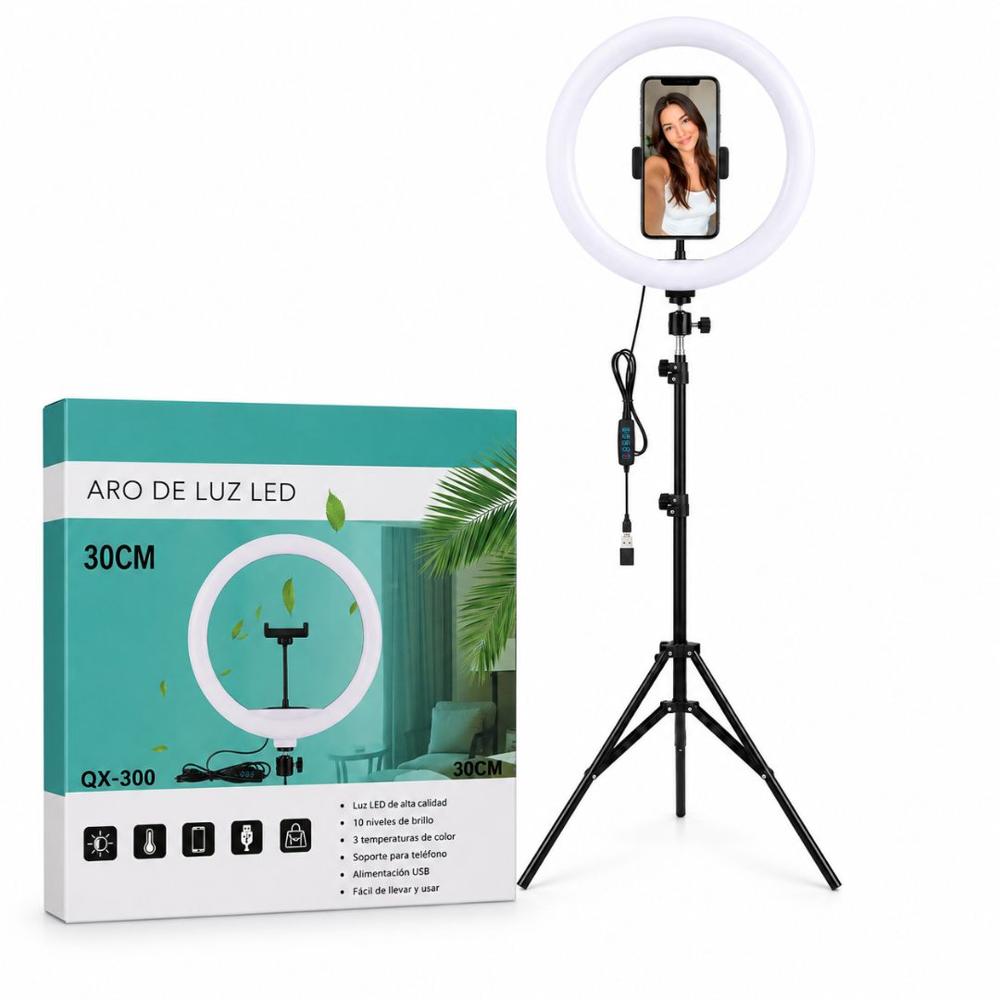 Aro de luz LED 30cm con Soporte para Celular QX-300 3 Tonos de Luz con Trípode