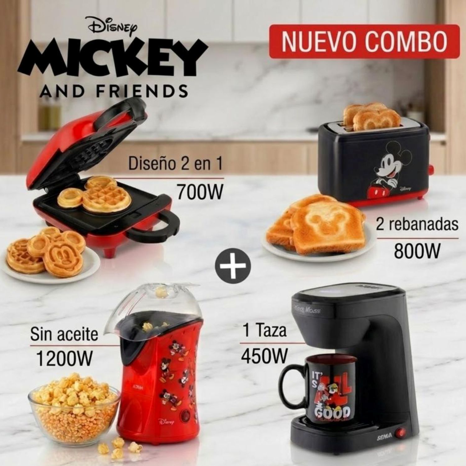 COMBO ATMA MICKEY DISNEY WAFLERA SANDWICHERA-TOSTADORA ELÉCTRICA-CAFETERA ELÉCTRICA-POPCORN