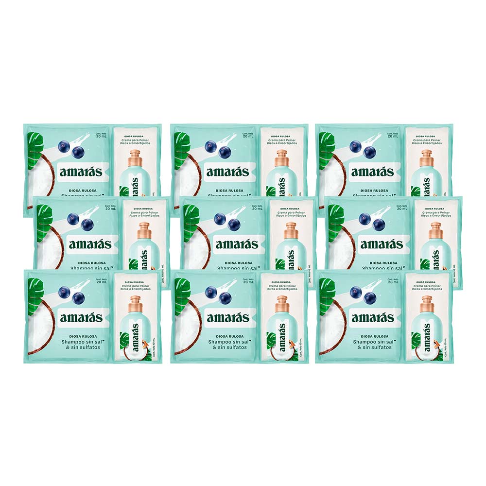 AMARÁS sin Sal Diosa Rulosa: Shampoo Sachet 20ml + Crema para Peinar Sachet 10ml Paquete 12 Sachets 20ml + 10ml c/u